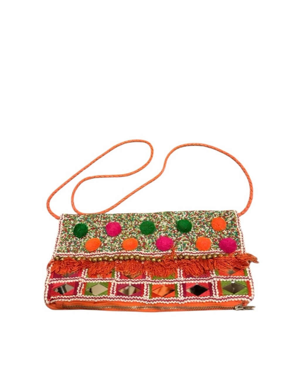 Desi Lyla Colorful Boho Embroidered Orange Crossbody Clutch with Pom-Pom Detail